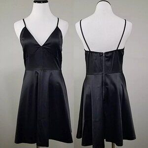 Nwt Windsor Black Satin Dress M Womens Spaghetti Strap Short Fit + Flare Swing